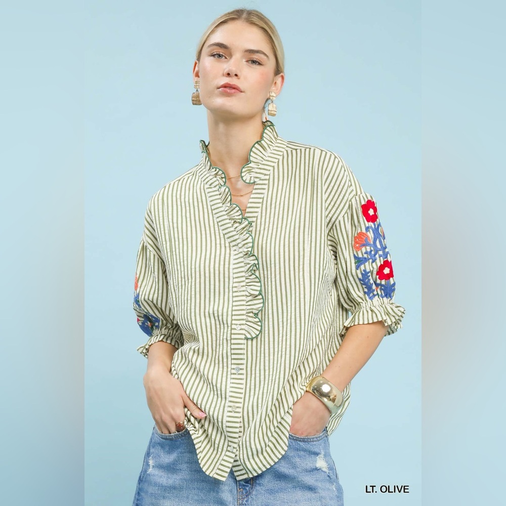 Umgee Embroidered Ruffle Trim Stripe Blouse
